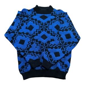 Vintage Blue Black Sparkle Geometric Sweater Made in USA Cozy M Winter Lurex